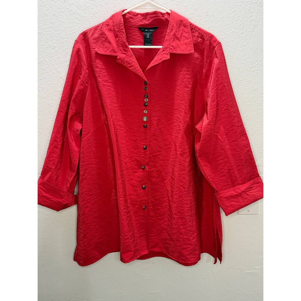 Ali Miles Red Crinkle Textured Button Down Tunic Top Plus Size 1X Professional